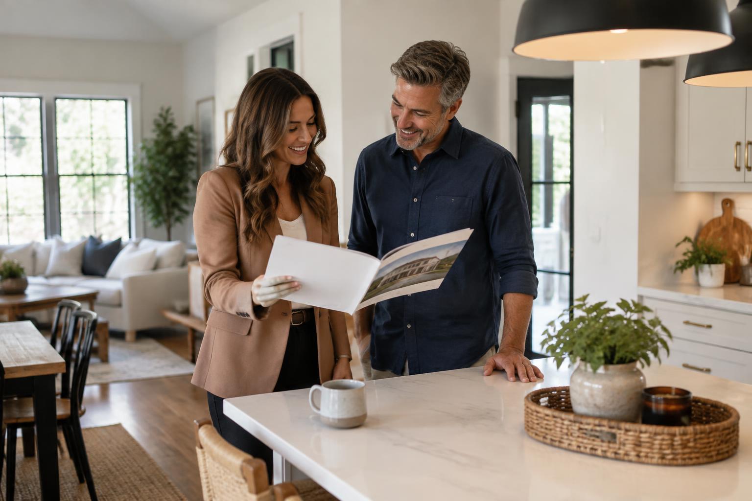 An agent and homeowner discussing a property's story